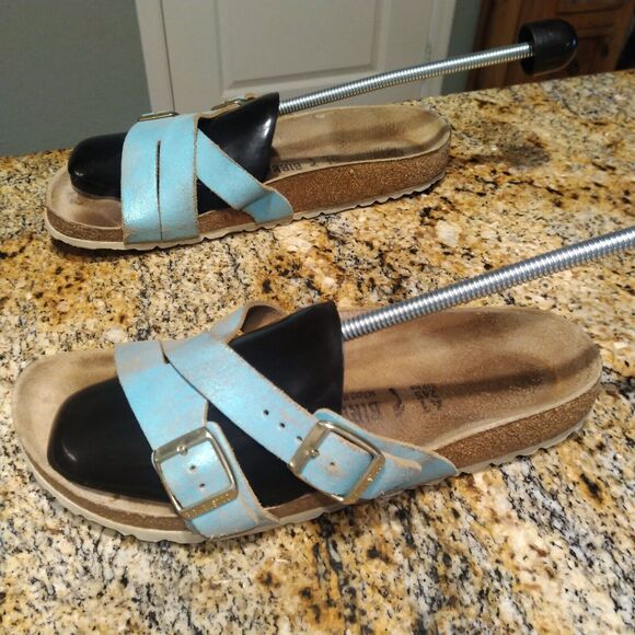 Birkenstock Yao Washed Metallic Aqua Blue Leather Sandals Women's Size 41 US 10 - Picture 7 of 13